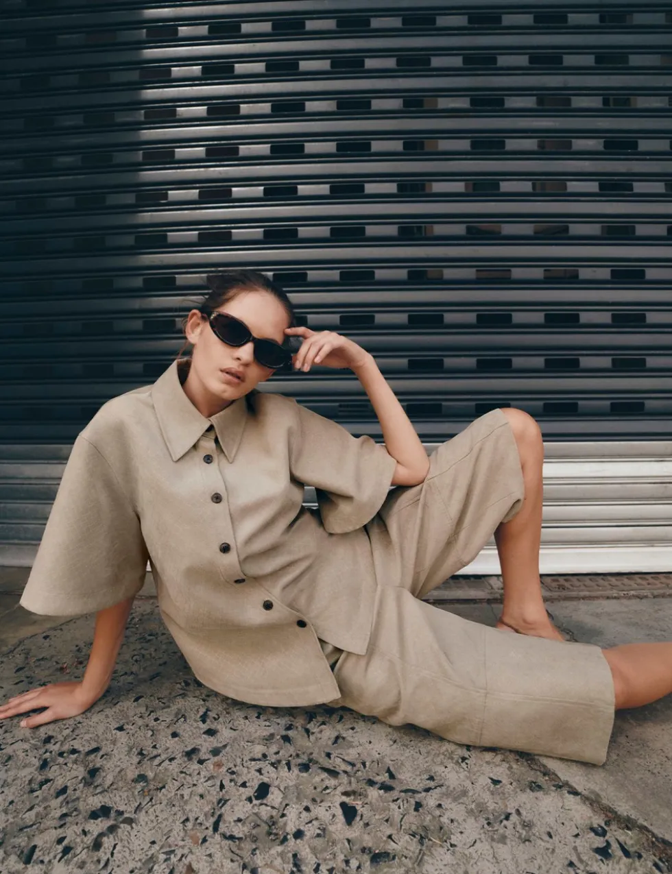 Faux Suede Basket Weave Collared Shirt
