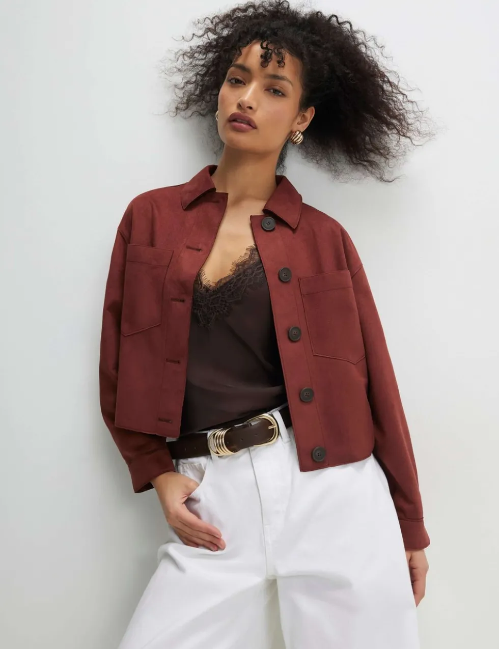 Faux Suede Collared Cropped Overshirt