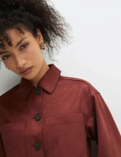 Faux Suede Collared Cropped Overshirt