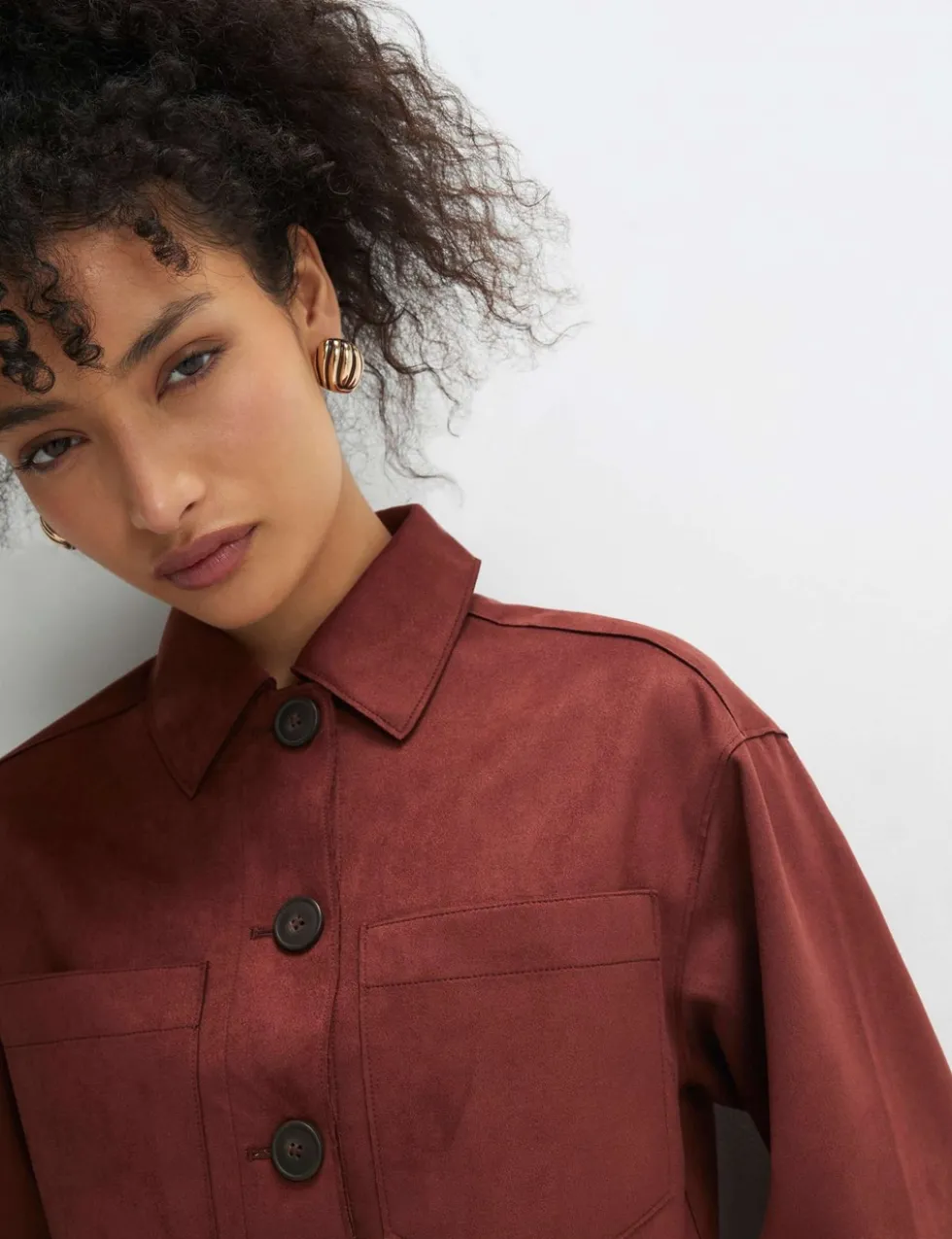 Faux Suede Collared Cropped Overshirt