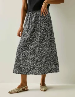Flamenca Floral Midi A-Line Skirt with Linen