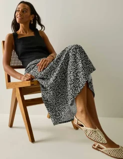 Flamenca Floral Midi A-Line Skirt with Linen