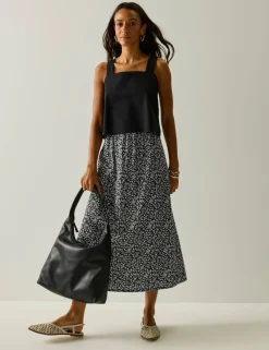 Flamenca Floral Midi A-Line Skirt with Linen