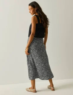 Flamenca Floral Midi A-Line Skirt with Linen