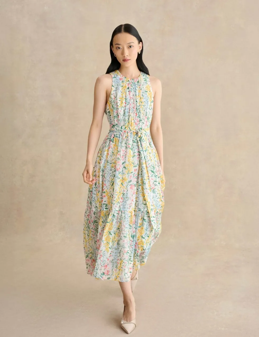 Floral Belted Midi Waisted Dress