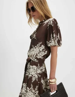 Floral Belted Puff Sleeve Mini Tiered Dress