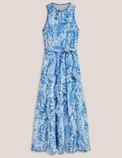 Floral Belted Ruffle Maxi Waisted Dress