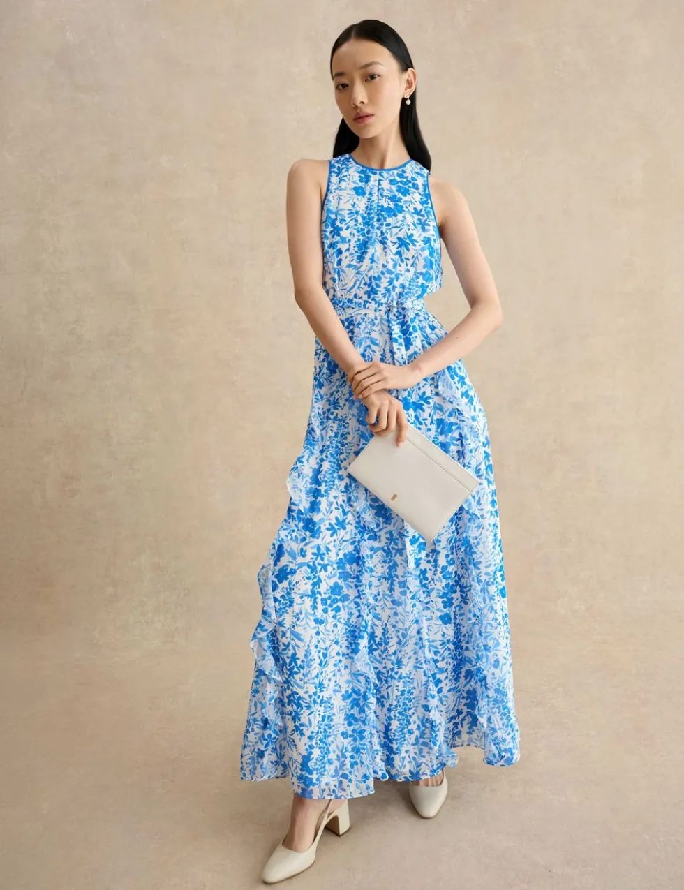 Floral Belted Ruffle Maxi Waisted Dress