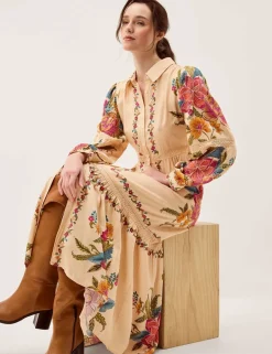 Floral Blouson Sleeve Midi Shirt Dress