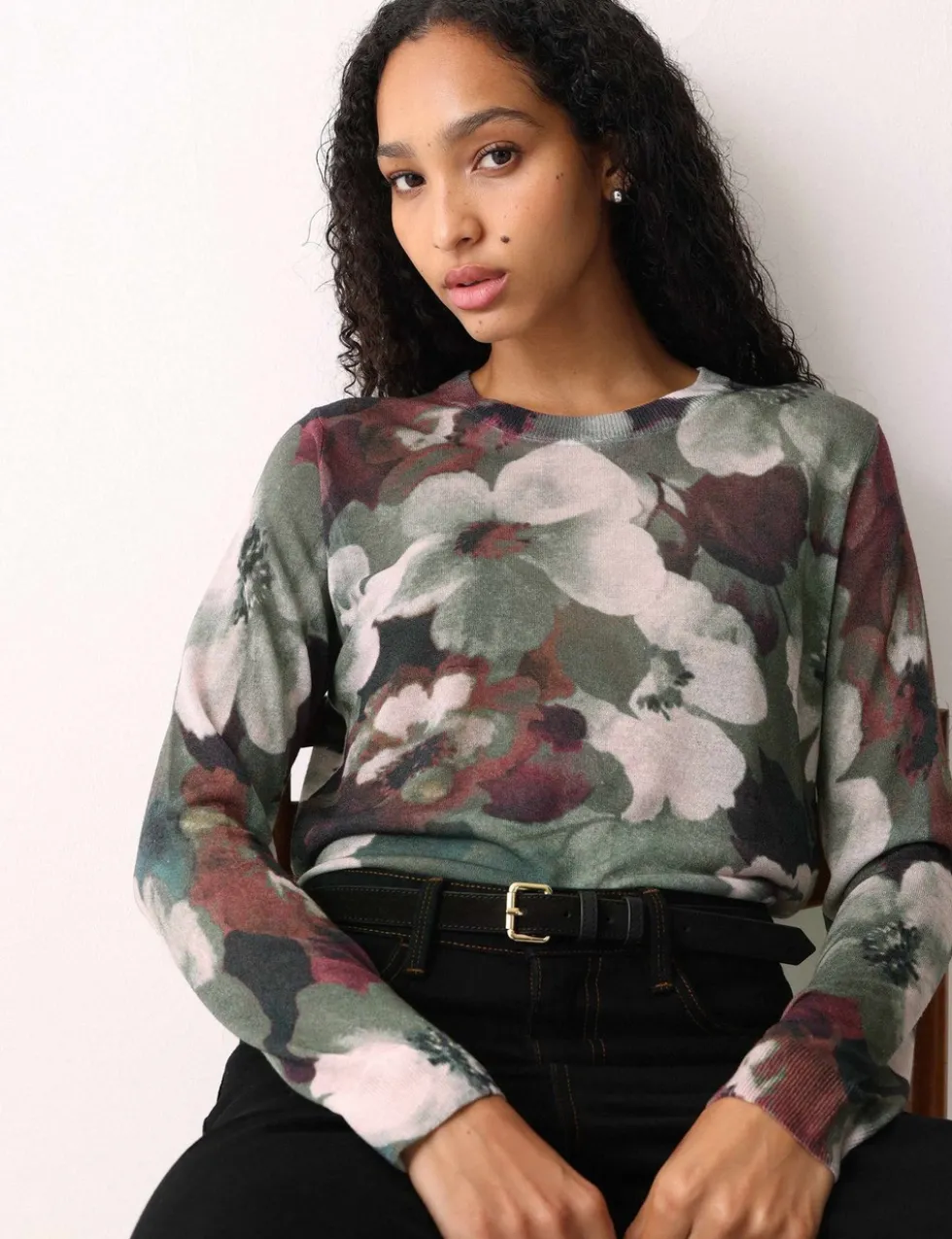 Floral Button Detail Jumper with Linen