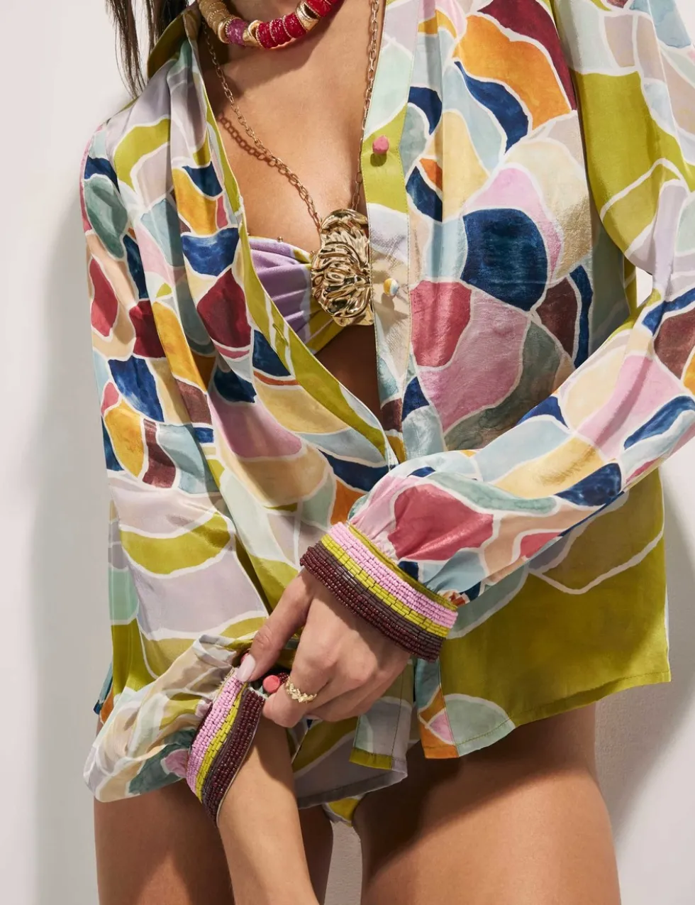 Floral Collared Beaded Cuff Beach Shirt