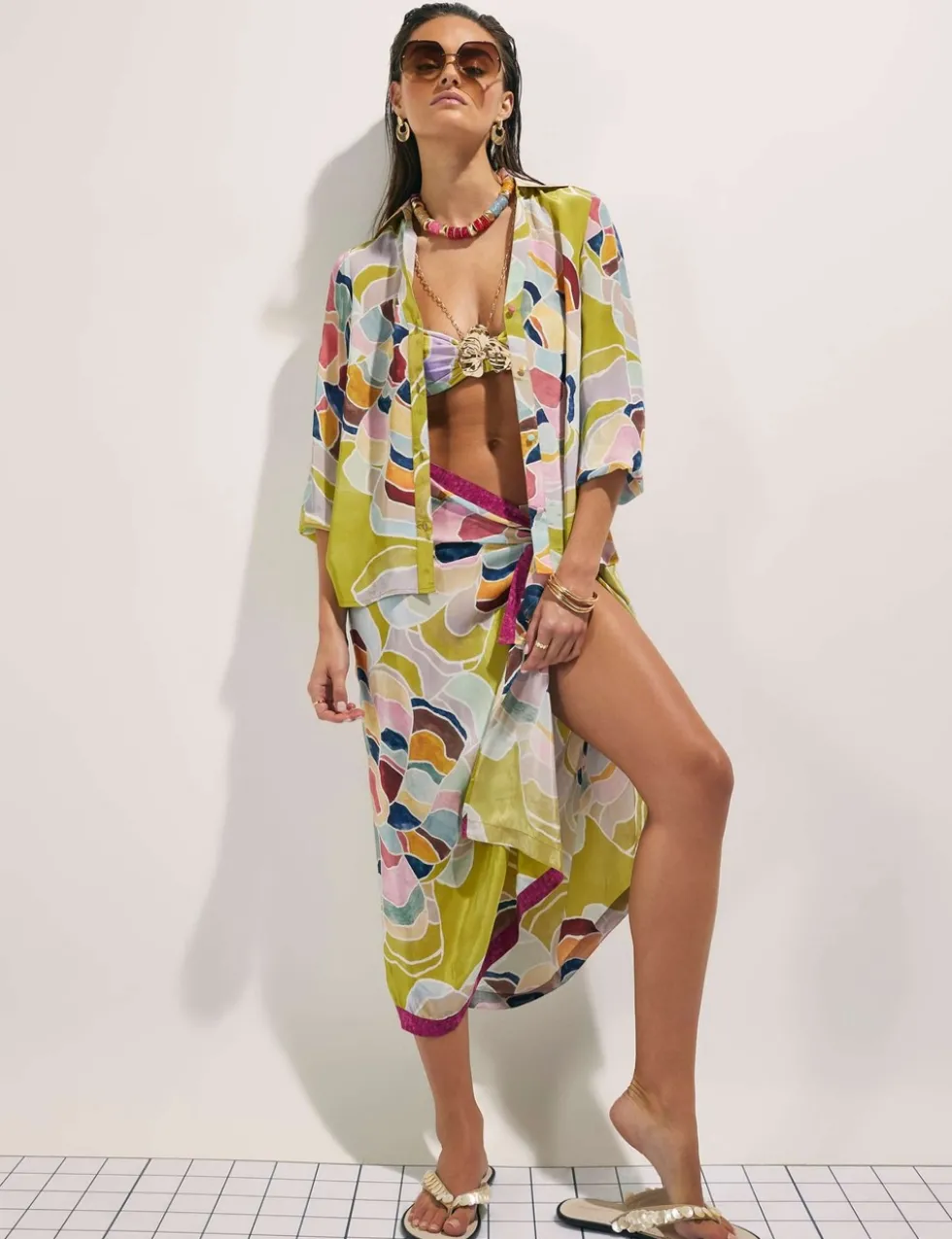 Floral Collared Beaded Cuff Beach Shirt