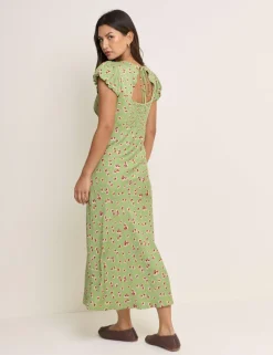 Floral Crew Neck Puff Sleeve Midi Tea Dress