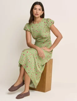 Floral Crew Neck Puff Sleeve Midi Tea Dress