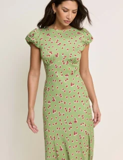 Floral Crew Neck Puff Sleeve Midi Tea Dress