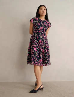 Floral Embroidered Knee Length Skater Dress