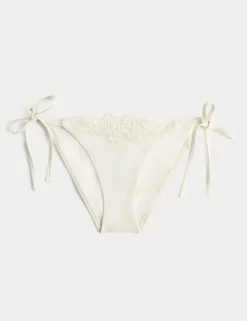 Floral Embroidered Tie Side Bikini Bottoms