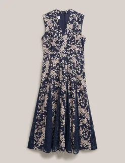 Floral Embroidered V Neck Midi Skater Dress