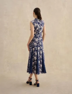 Floral Embroidered V Neck Midi Skater Dress