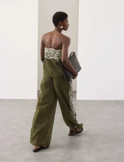 Floral Embroidered Wide Leg Trousers
