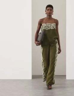 Floral Embroidered Wide Leg Trousers