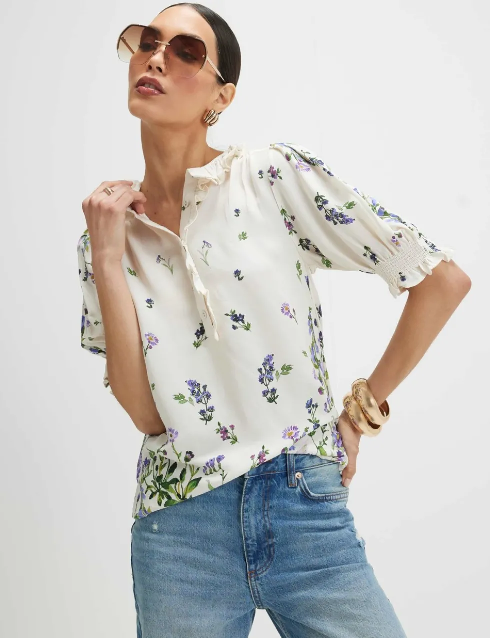 Floral Frill Neck Shirred Blouse