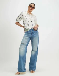 Floral Frill Neck Shirred Blouse