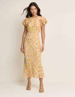 Floral Frill Sleeve Midaxi Waisted Dress
