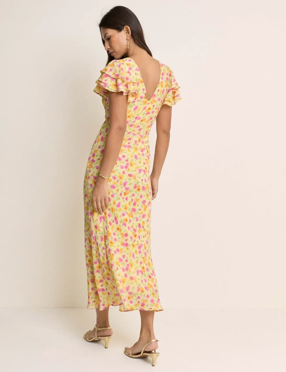 Floral Frill Sleeve Midaxi Waisted Dress