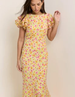 Floral Frill Sleeve Midaxi Waisted Dress
