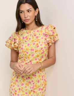 Floral Frill Sleeve Midaxi Waisted Dress