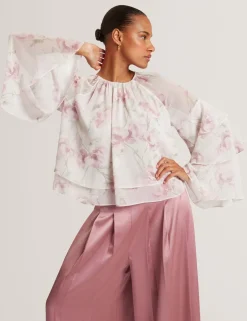 Floral Gathered Tiered Sleeve Blouse