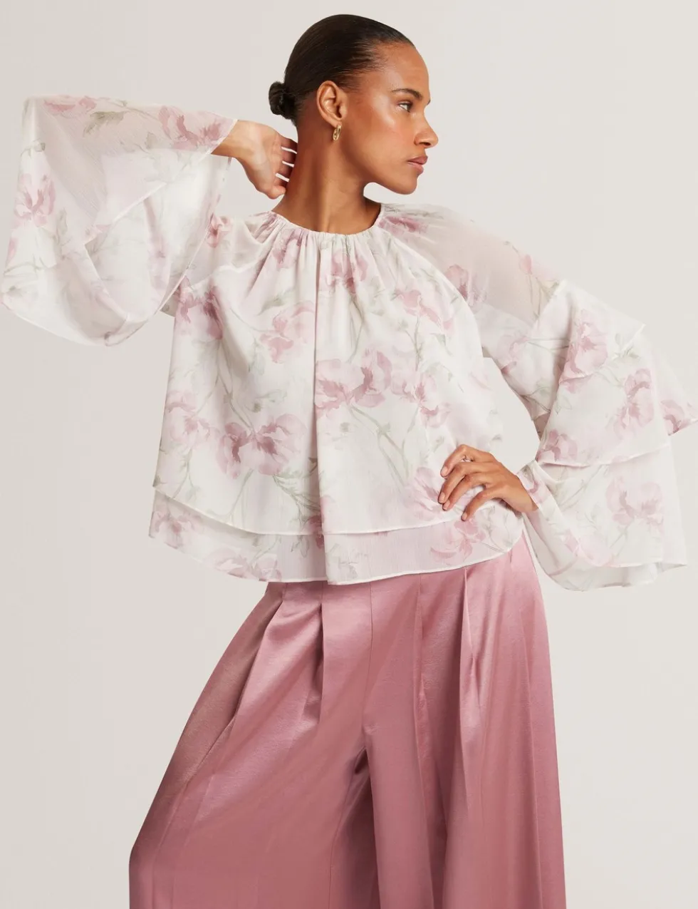Floral Gathered Tiered Sleeve Blouse