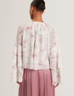 Floral Gathered Tiered Sleeve Blouse