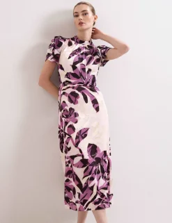 Floral High Neck Midi Waistwed Dress