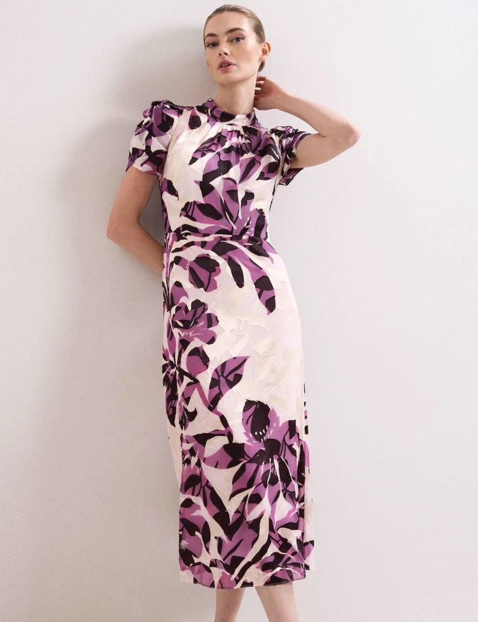 Floral High Neck Midi Waistwed Dress