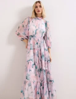 Floral High Neck Tie Waist Maxi Tiered Dress