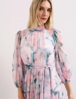 Floral High Neck Tie Waist Maxi Tiered Dress
