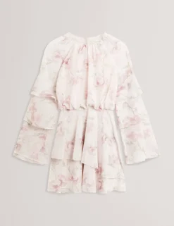 Floral High Neck Tiered Sleeve Mini Dress