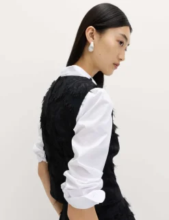 Floral Jacquard Fringed V-Neck Tailored Top