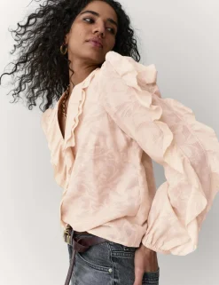 Floral Jacquard Ruffle Blouse