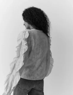 Floral Jacquard Ruffle Blouse