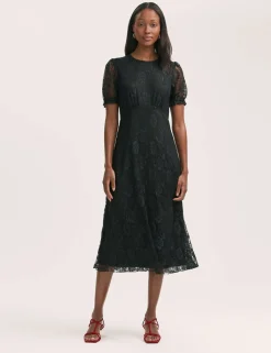 Floral Lace Puff Sleeve Midi Skater Dress