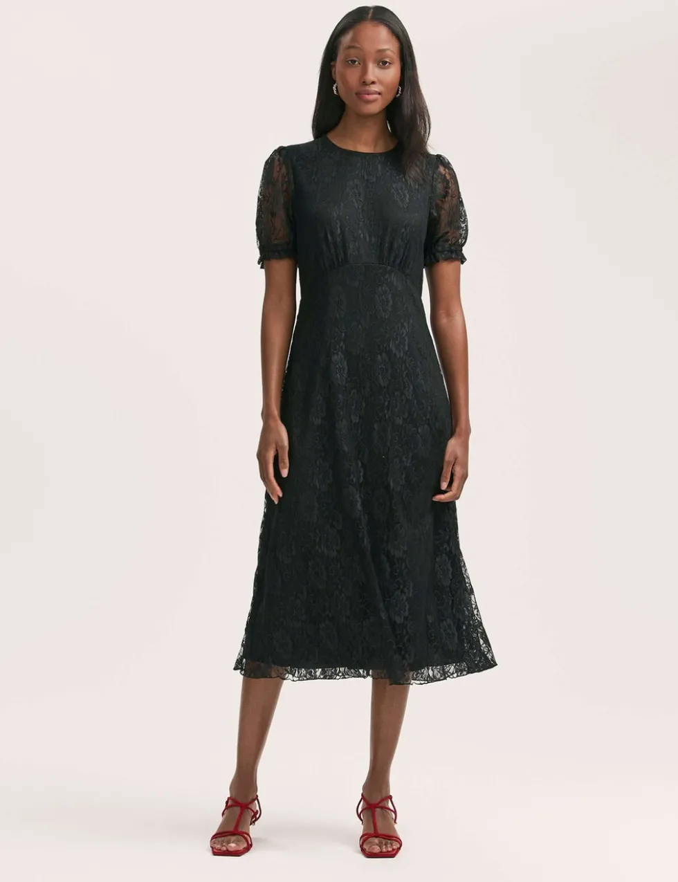 Floral Lace Puff Sleeve Midi Skater Dress