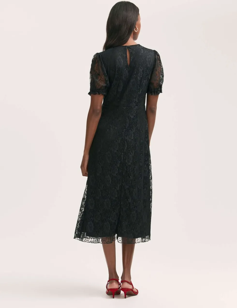 Floral Lace Puff Sleeve Midi Skater Dress