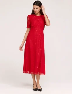 Floral Lace Puff Sleeve Midi Skater Dress