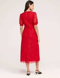Floral Lace Puff Sleeve Midi Skater Dress