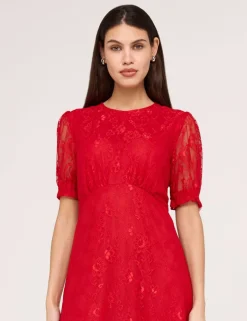 Floral Lace Puff Sleeve Midi Skater Dress