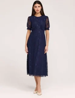 Floral Lace Puff Sleeve Midi Skater Dress