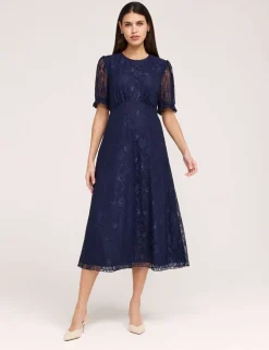 Floral Lace Puff Sleeve Midi Skater Dress